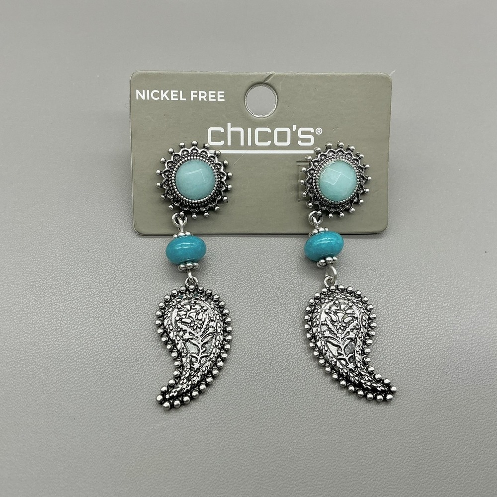 Chicos Earrings Dangle Turquoise Blue Bead Paisley Charm Silver‎ Tone Womens 2"